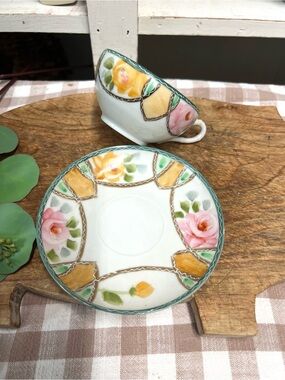 Vintage Nippon teacup and saucer handpainted grandma core